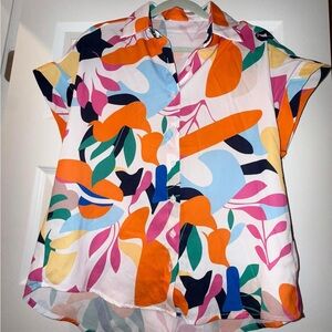 Vibrant Multicolor Collared Women's Button Down Tropical Flower/Abstract Blouse
